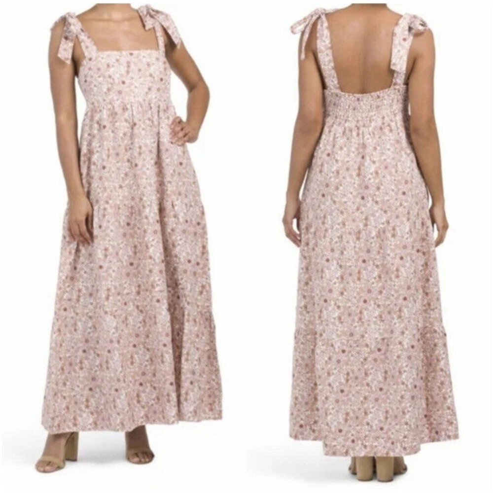 HOUSE OF HARLOW Sz S Small Mauve Tan Floral Tie Shoulder Linen Maxi Dress‎ NWT